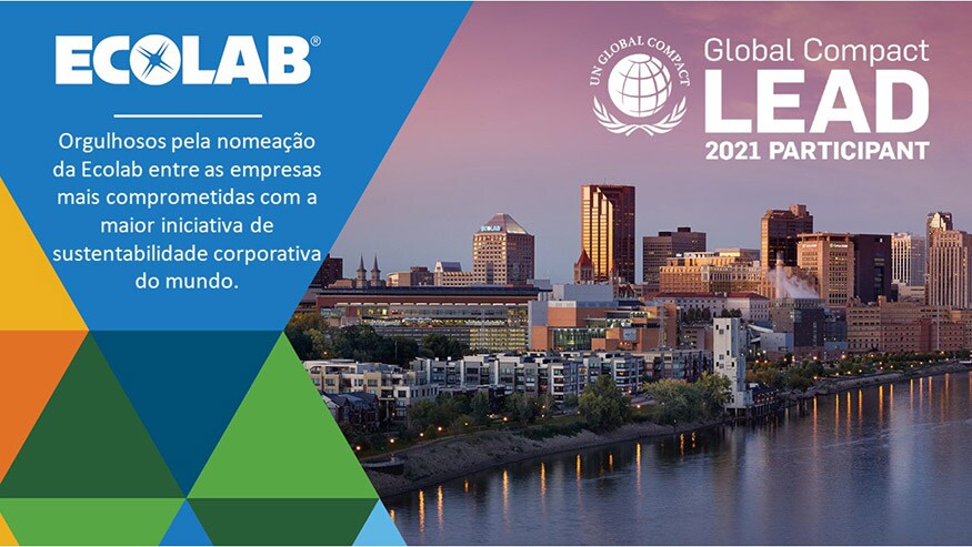 Image with skyline of downtown St. Paul, Minn., geometric shapes and text on that reads in Portuguese, "Proud to be named among the most engaged companies in the world's largest corporate sustainability initiative." The award logo is also visible, reading UN Global Compact Lead 2021 Participant.