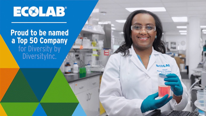 Ecolab laboratory employee at work and overlay text that reads "proud to be named a top 50 company for Diversity by DiversityInc"