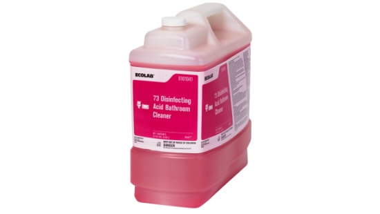 Large refill jug of 73 disinfecting acid bathroom cleaner for commercial bathroom cleaning.