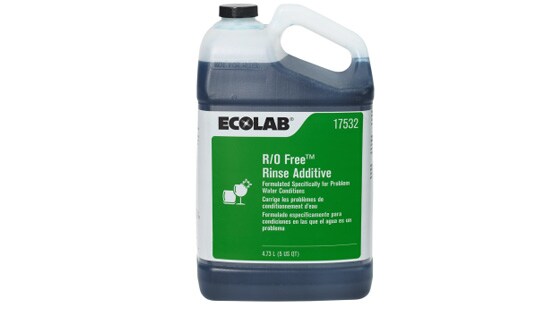 Large filling bottle of Ecolab R/O Free Rinse Additive detergent for totally dissolved solids water conditions