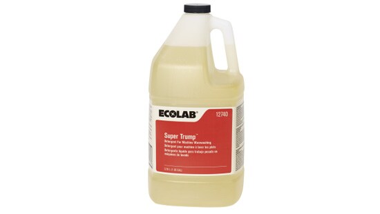 Single large filling bottle of Ecolab Super Trump concentrated, high-alkaline detergent for heavy grease and protein buildup