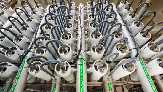 Many industrial canisters with tubes coming out of top end, lined in multiple rows. 