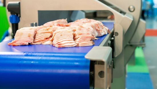 Meat on a conveyor in a processing plant